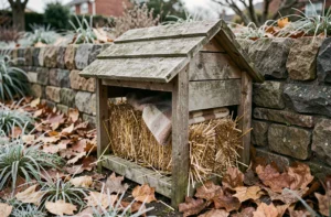 Abri isolé en bois pour chat errant avec paille et couverture polaire, installé contre un mur de pierre dans un jardin en hiver