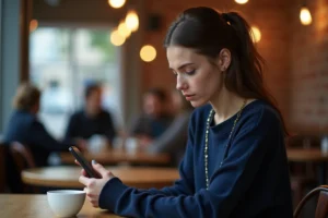 Jeune femme consultant sa messagerie universitaire Zimbra Unicaen sur smartphone dans un café