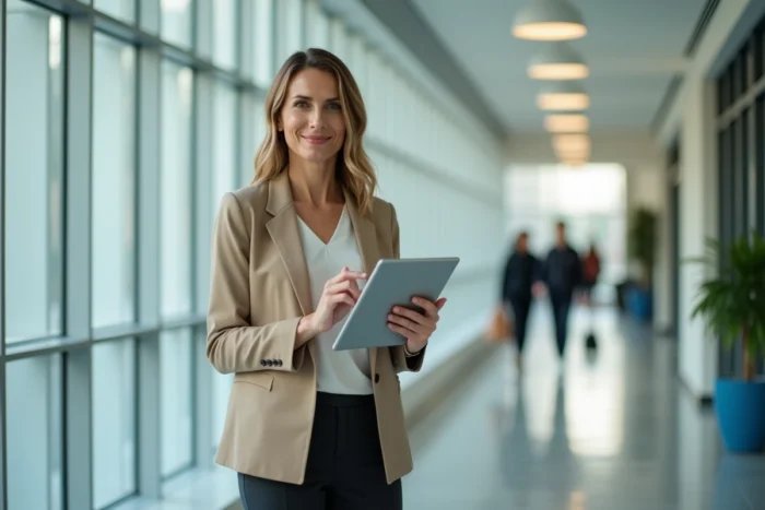 Femme accédant à la messagerie Zimbra Unicaen sur tablette dans un couloir d'université