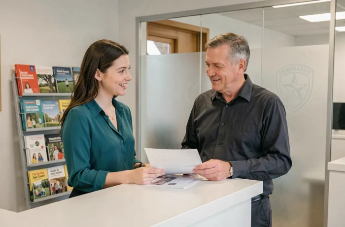 Accueil du réseau éducation suisse avec une conseillère et un visiteur consultant des documents d'information