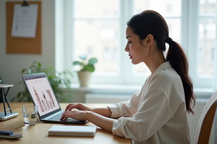 Femme consultant un site de shopping beauté en ligne sur ordinateur portable depuis son bureau à domicile