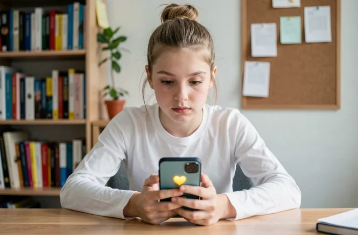 Adolescente à son bureau regardant un emoji cœur jaune sur Snapchat avec une expression curieuse et réfléchie