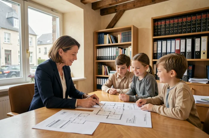 Agent immobilière présentant un contrat d'achat à une famille dans un bureau en Belgique