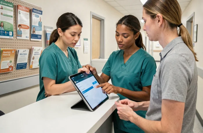 Professionnelle de santé aidant un patient à accéder à ses résultats d'analyses médicales sur une tablette en clinique