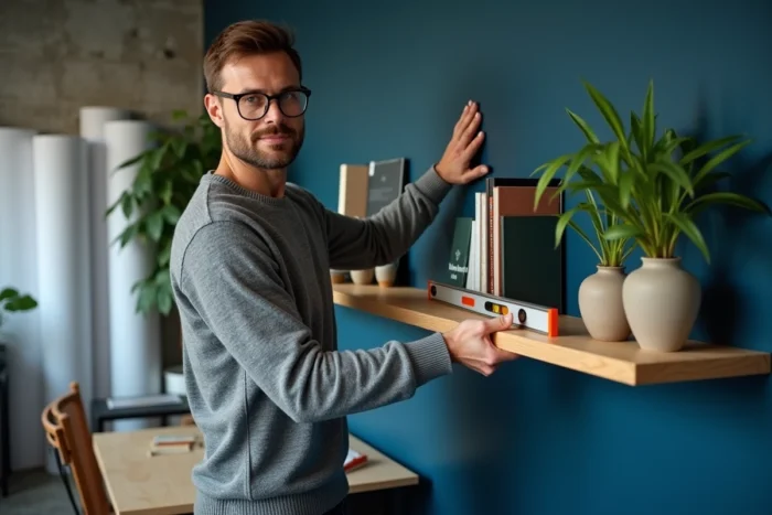 Homme installant une étagère flottante en bois sur un mur bleu marine dans un bureau à domicile modernisé