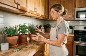 Femme aménageant des herbes aromatiques sur une étagère en bois dans une cuisine décorée avec soin