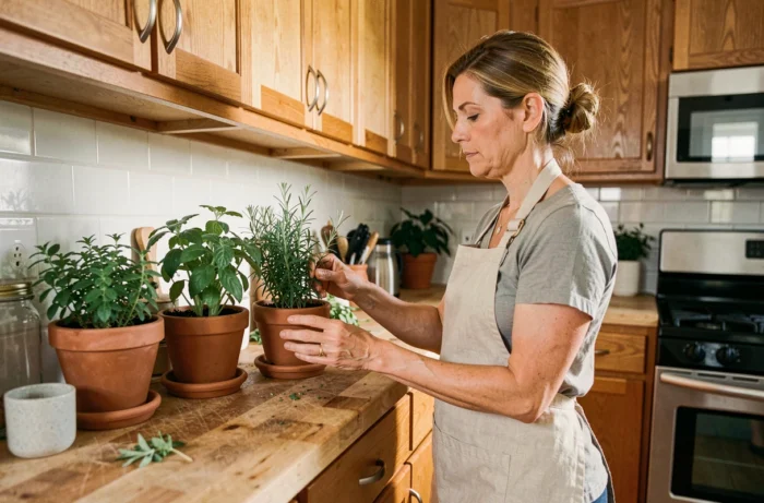 Femme aménageant des herbes aromatiques sur une étagère en bois dans une cuisine décorée avec soin