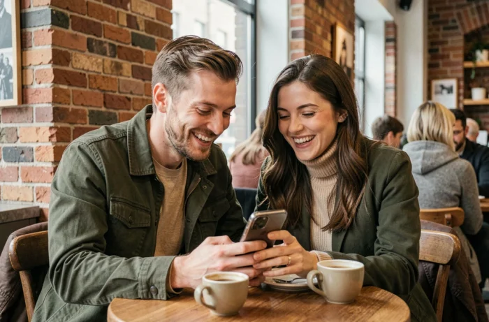 Deux amis dans un café regardant ensemble un smartphone avec Snapchat et discutant de la signification du cœur jaune