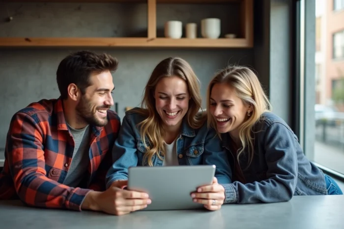 Groupe d'amis riant ensemble en regardant une vidéo divertissante sur une tablette dans une cuisine moderne