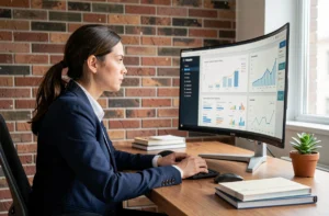 Femme professionnelle analysant des données SEO sur un grand écran incurvé dans un bureau moderne
