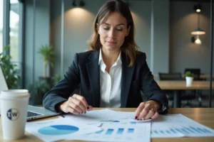 Analyste financière examinant des tableaux de marges contributives et brutes sur son bureau en open space