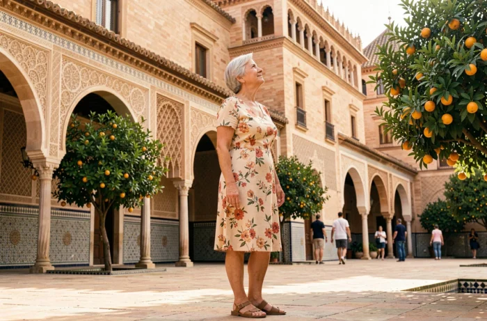 Une femme senior admirant la façade ornée de l'Alcazar de Séville en Andalousie, entourée de tuiles mauresques et d'orangers