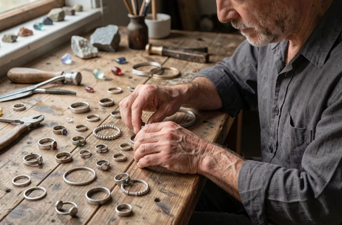 Artisan bijoutier disposant des bagues et bracelets vintage en argent dans un atelier traditionnel