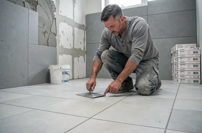 Artisan posant des carreaux de sol en céramique dans une salle de bain en rénovation