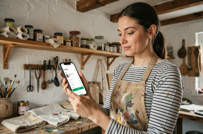 Artisane auto-entrepreneur consultant une application de facturation mobile dans son atelier créatif