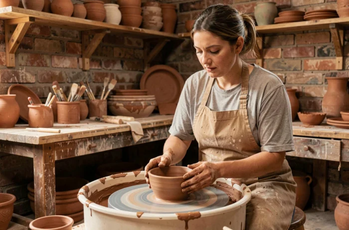 Femme façonnant un bol en céramique sur un tour de poterie dans un atelier artisanal rustique