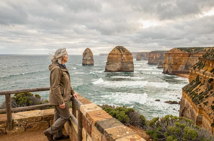 Une femme senior contemplant les Douze Apôtres depuis un belvédère de la Great Ocean Road en Australie avec l'océan austral en contrebas