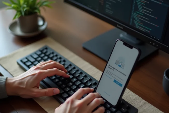 Gros plan sur des mains utilisant l'authentification à deux facteurs pour sécuriser un compte de partage de fichiers en ligne
