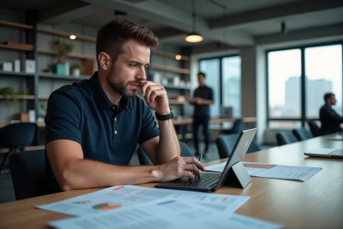 Auto-entrepreneur consultant ses factures et son logiciel de gestion sur tablette dans un espace de coworking