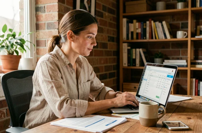 Auto-entrepreneuse utilisant un logiciel de facturation sur son ordinateur portable dans un bureau à domicile chaleureux