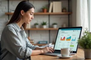 Auto-entrepreneuse utilisant un logiciel de facturation sur son ordinateur portable dans un bureau à domicile