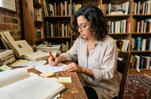 Autrice indépendante en train de corriger un manuscrit dans l'arrière-salle d'une librairie alternative, entourée de livres et de notes manuscrites