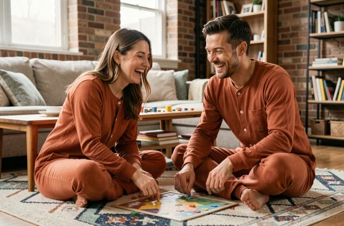 Couple d'adultes portant des babygros terracotta assortis jouant à un jeu de société ensemble dans un salon chaleureux