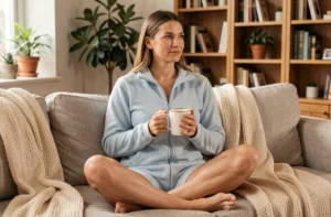 Femme adulte portant un babygro confortable en polaire bleue pastel, assise sur un canapé avec une tasse dans les mains dans un salon cosy