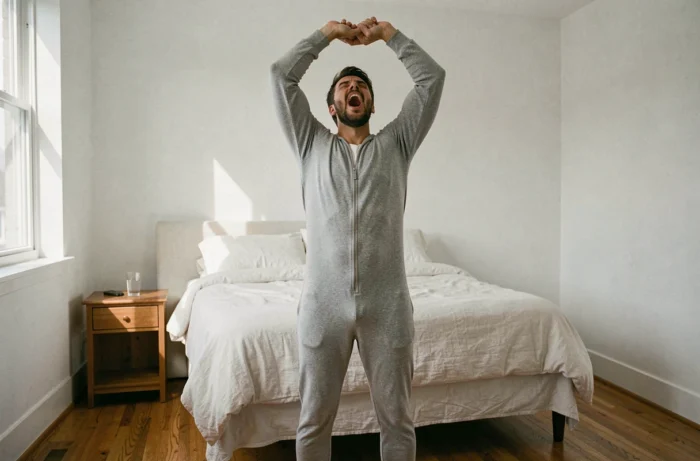 Homme adulte en pyjama combinaison gris chiné s'étirant au réveil dans une chambre minimaliste lumineuse