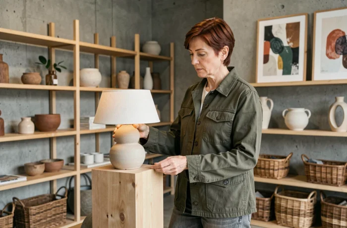 Femme découvrant une lampe céramique sculptée dans une boutique de décoration contemporaine aux murs en béton et étagères en bois minimalistes