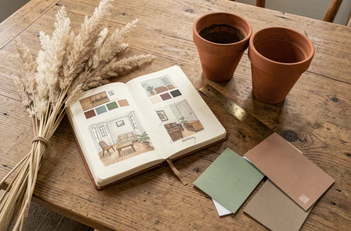 Plat posé décoratif avec carnet de croquis de décoration, pots en terre cuite, échantillons de peinture et herbes de la pampa sur table en chêne
