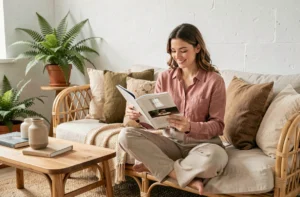 Jeune femme parcourant un magazine de décoration intérieure dans un salon scandinave cosy avec canapé en rotin et plantes vertes