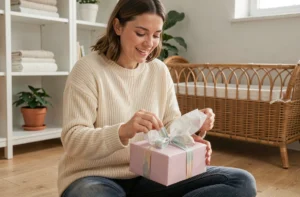 Jeune maman émue déballant un cadeau de naissance original dans une chambre de bébé cosy et décorée avec soin