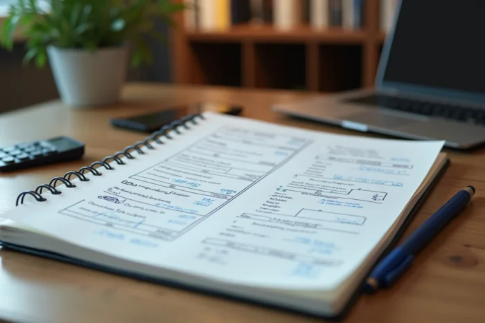 Cahier de calculs financiers ouvert sur un bureau avec formules de marge contributive et marge brute annotées à la main