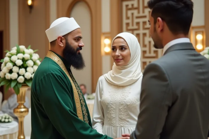 Cérémonie de nikah avec un imam célébrant un mariage religieux musulman devant les mariés dans une salle de réception décorée