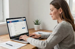Femme utilisant un ordinateur portable pour effectuer un changement d'adresse sur le site impots.gouv.fr depuis son bureau à domicile