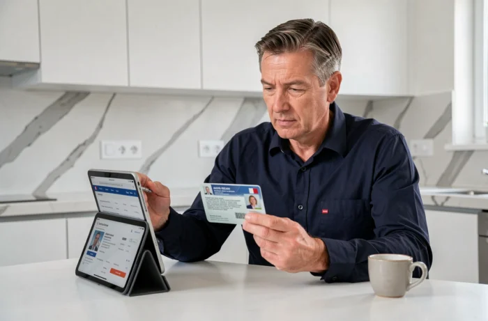 Homme consultant sa carte d'identité et une tablette pour compléter un changement d'adresse sur le portail fiscal impots.gouv.fr