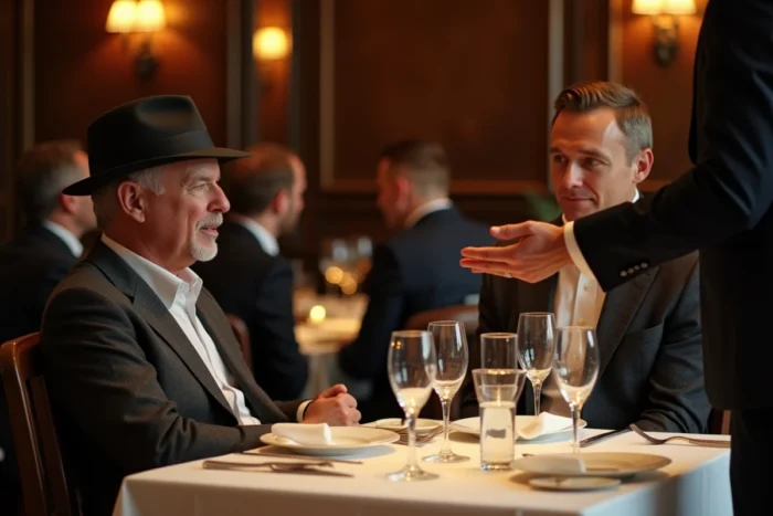Homme portant un chapeau fedora assis à une table de restaurant élégant, interpellé poliment par un maître d'hôtel sur le code vestimentaire