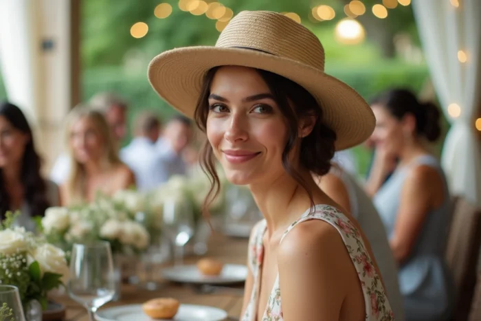 Jeune femme avec un chapeau à larges bords attablée lors d'un mariage en plein air, hésitant à retirer son couvre-chef pendant le repas