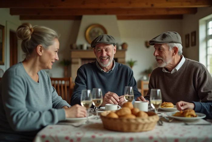 Famille attablée pour un repas dominical, un homme gardant sa casquette tandis que les autres ont retiré leur chapeau, illustrant les codes de politesse à table