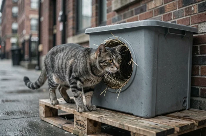 Chat errant tigré entrant dans un abri isolé en bac plastique recyclé garni de paille, posé sur une palette en milieu urbain sous la pluie