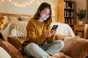 Jeune femme souriante tenant un smartphone affichant Snapchat avec un emoji cœur jaune dans une chambre cosy