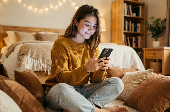 Jeune femme souriante tenant un smartphone affichant Snapchat avec un emoji cœur jaune dans une chambre cosy