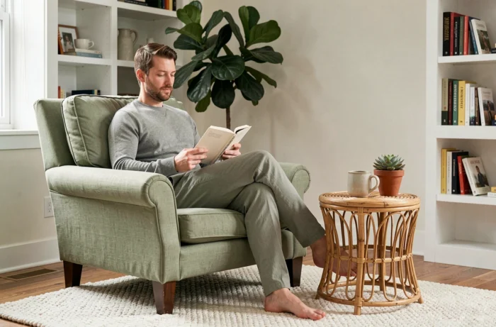 Homme lisant dans un fauteuil confortable aménagé dans un coin lecture cosy avec plantes et accessoires naturels pour se détendre chez soi