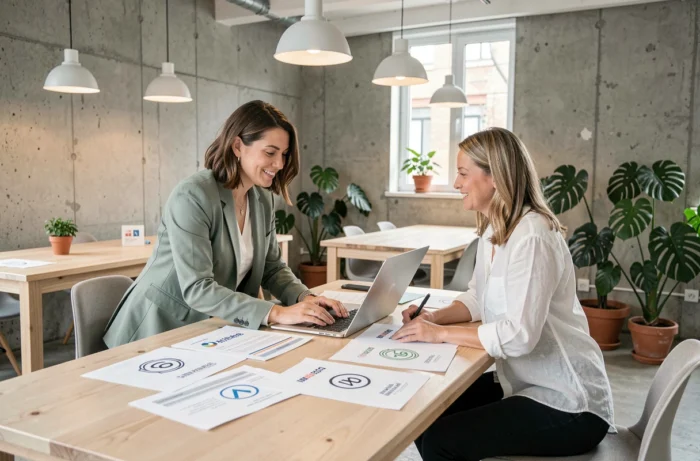 Deux femmes entrepreneures collaborant sur une stratégie de marque dans un atelier de création professionnel
