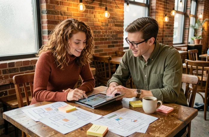 Deux jeunes professionnels collaborant sur des tendances UX et digitales autour d'une tablette et de wireframes imprimés dans un café urbain tendance