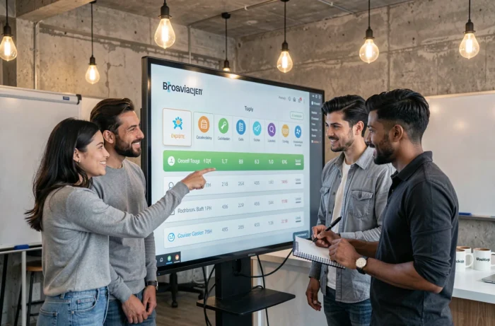 Groupe de collègues collaborant autour d'un classement affiché sur grand écran dans un espace de coworking, représentant la sélection des tops dans différents domaines