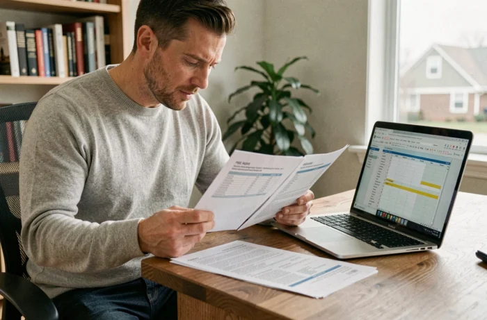 Particulier comparant les barèmes de frais d'agence immobilière IAD 2026 sur des documents imprimés et un ordinateur portable