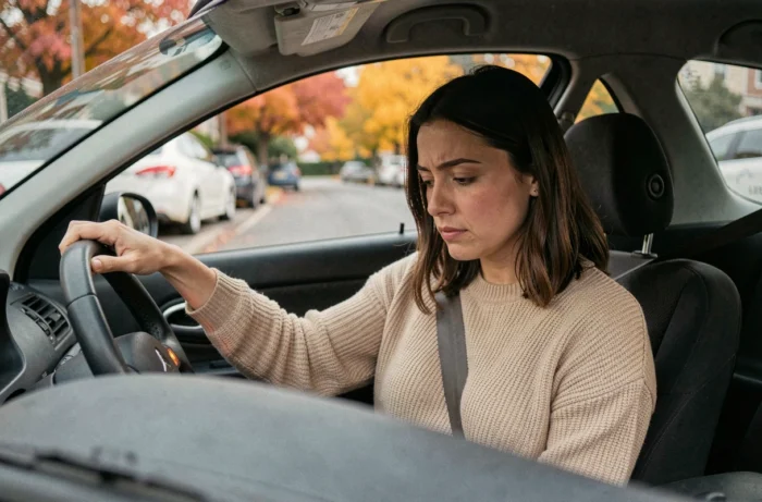 Conductrice inquiète regardant un voyant moteur allumé sur le tableau de bord de sa Citroën Xsara