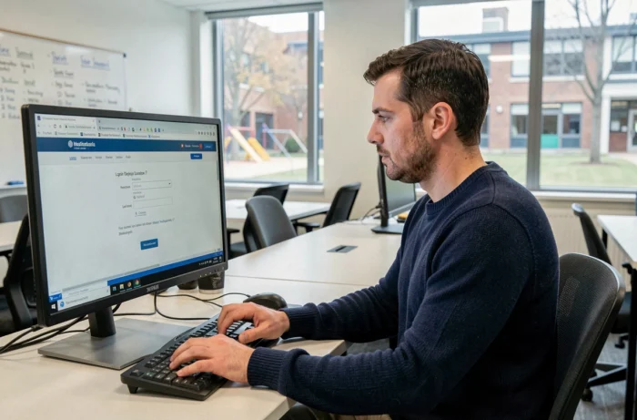 Personnel administratif de l'académie de Créteil se connectant à la messagerie académique sur un ordinateur de bureau dans un open space scolaire